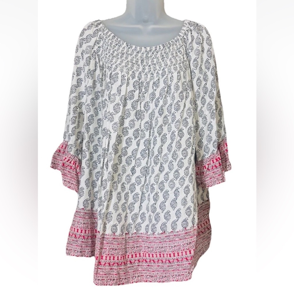 Beach Lunch Lounge Size 3X Ellora Paisley Smocked Flowy Boho Top Red Black White